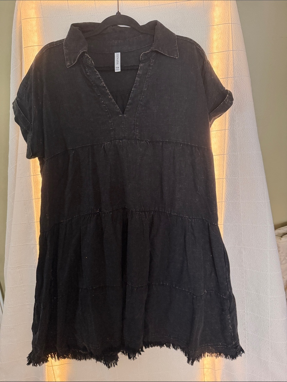 Zenana Outfitters Black V-Neck Tiered Mini Dress with Raw Hem